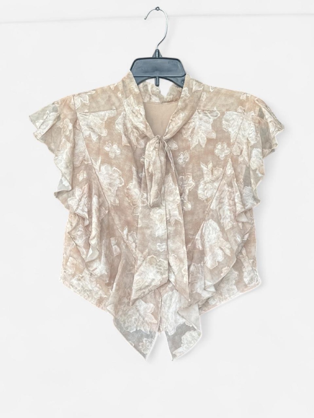 Floral Tie-Neck Ruffle Blouse in Beige